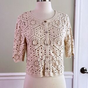 Max Crochet Cardigan S/M Womens Boho Floral Open Knit Ivory Summer Cottagecore